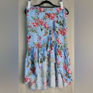 Milk & Honey Skirt, Size Large, Blue Pink Floral Print, Ruffle, Stretch Waist